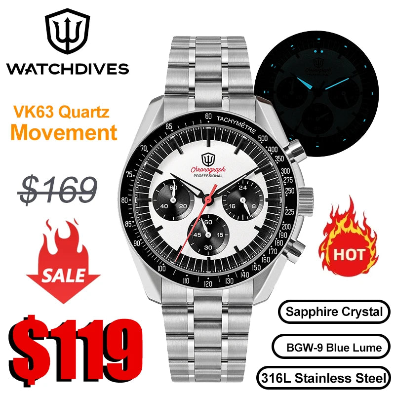 Watchdives WD1863 Chronograph Watch VK63 Sweep Second Mechanical Quartz Movement Bubble Sapphire 100M Waterproof Vintage Watches