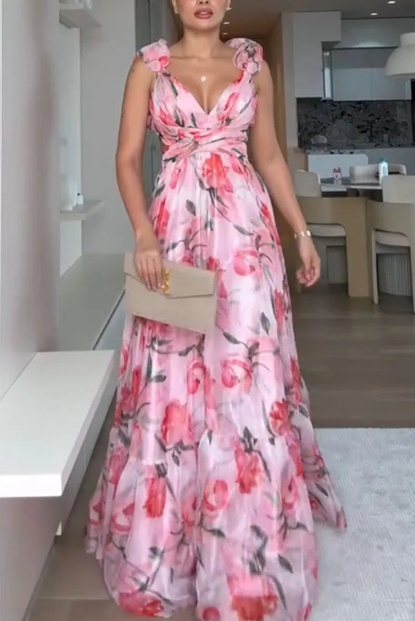Elegant V-Neck Floral Silk-Laminate Maxi Dress – Summer 2025 Edition