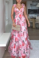 Elegant V-Neck Floral Silk-Laminate Maxi Dress – Summer 2025 Edition