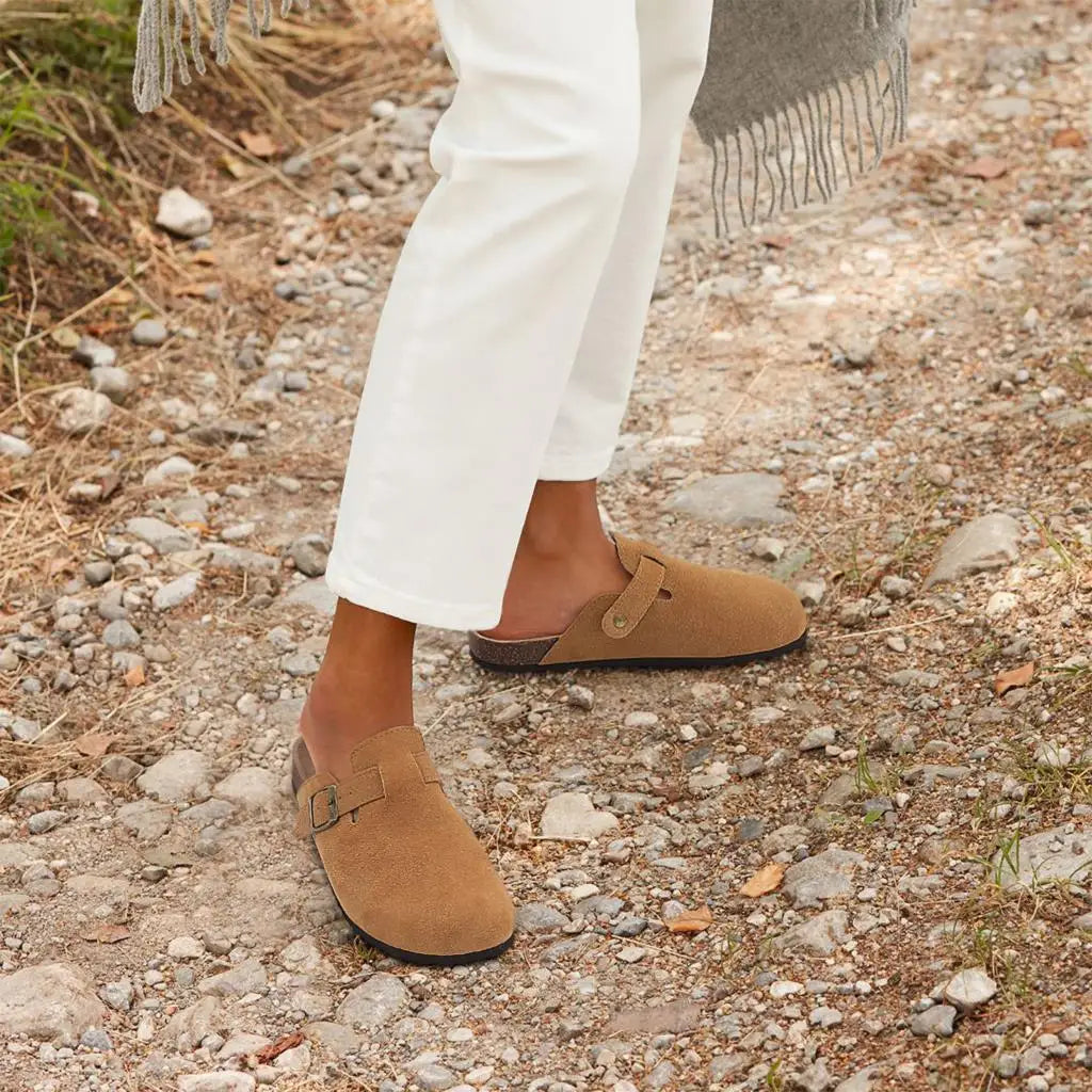 Evshine Men's Suede Clogs Fashion Leather Mules Cozy Footbed Slippers With Adjustable Buckle AntiSlip Cork Slippers Unisex Mules