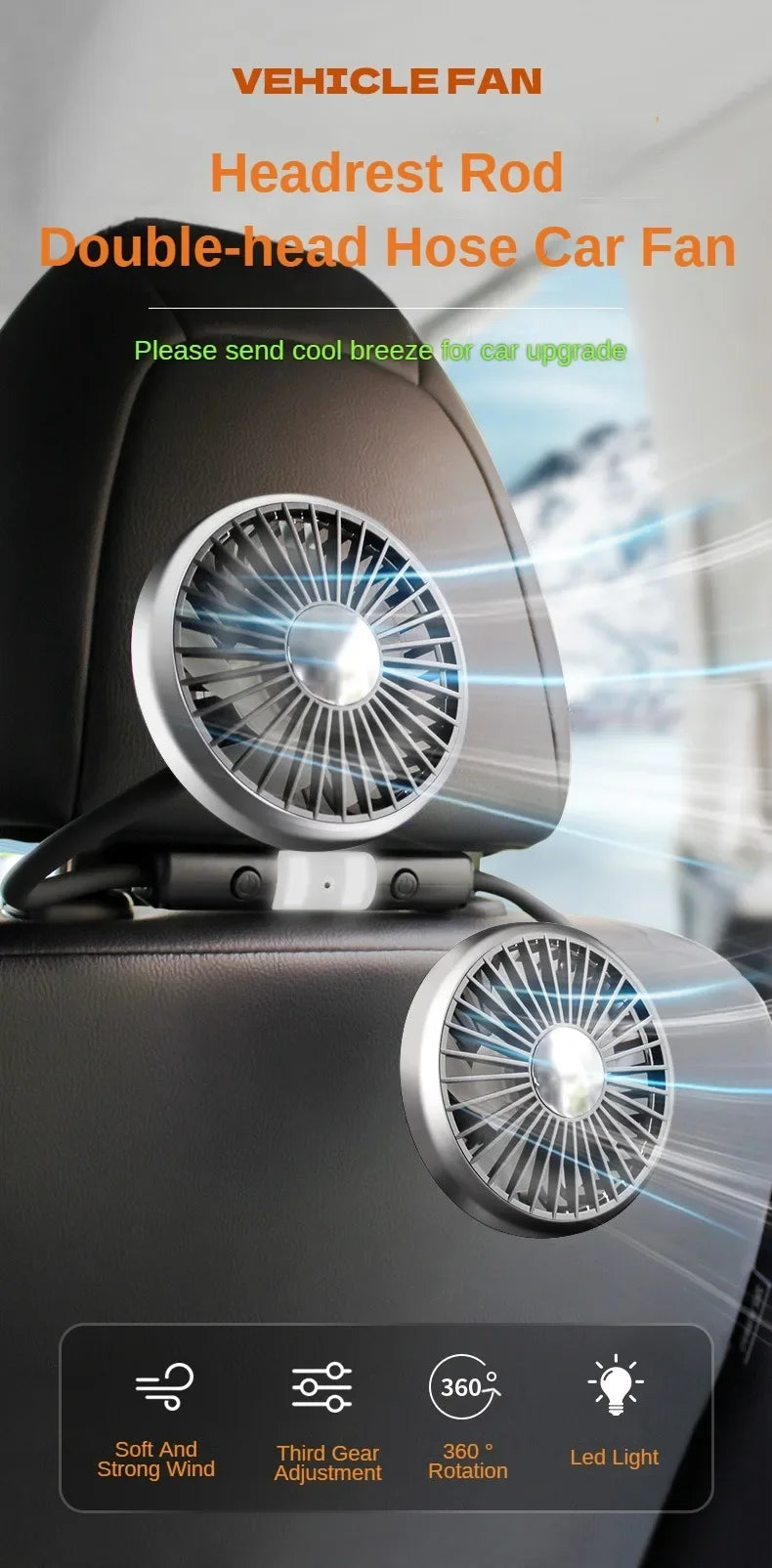 360° Dual Head Car Seat Fan with LED & 3-Speed Control