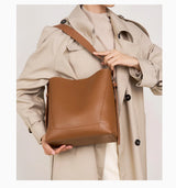 Zency New 2026 TrendyTwo Layer Cow Leather Shopper Shoulder Bag Commuter Large Bucket Handbag Simple High Quality Women Tote Bag