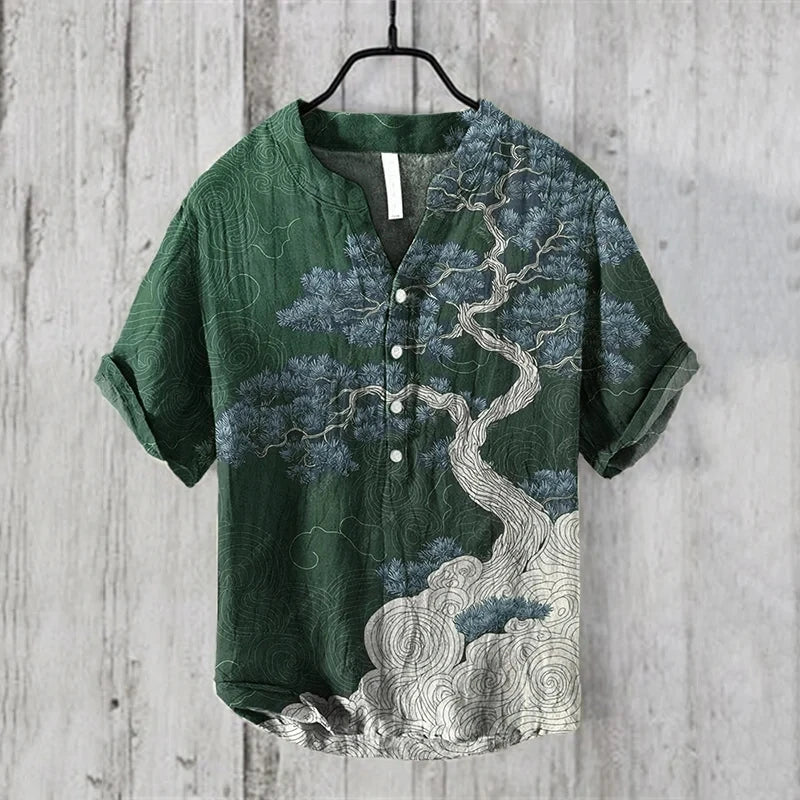 Men’s V-Neck Linen Blend Short Sleeve Shirt
