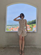Women Stand Collar Double Breasted Mini Dress Sleeveless Elegant Casual Slim Fit Short Robe Lady Office New Dresses 2026 Summer