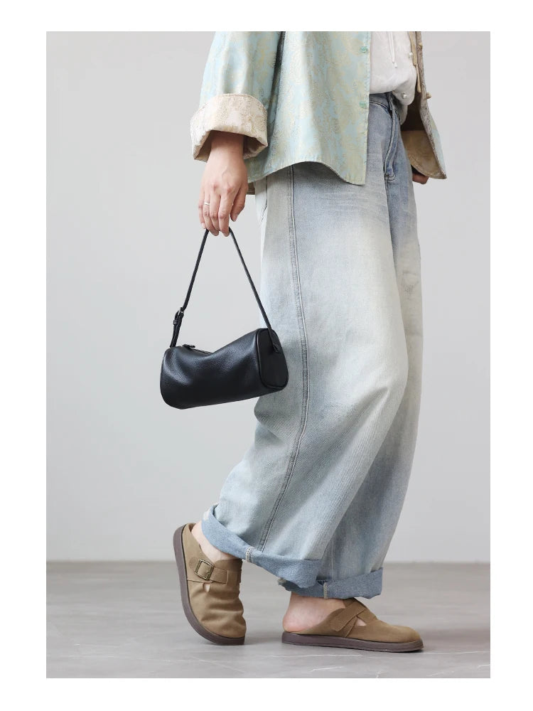 Full Grain Leather Soft Balck Small Size Crossbody Bags For Women Luxury Adjustable Shoulder Strap Underarm Bag Portable Handbag