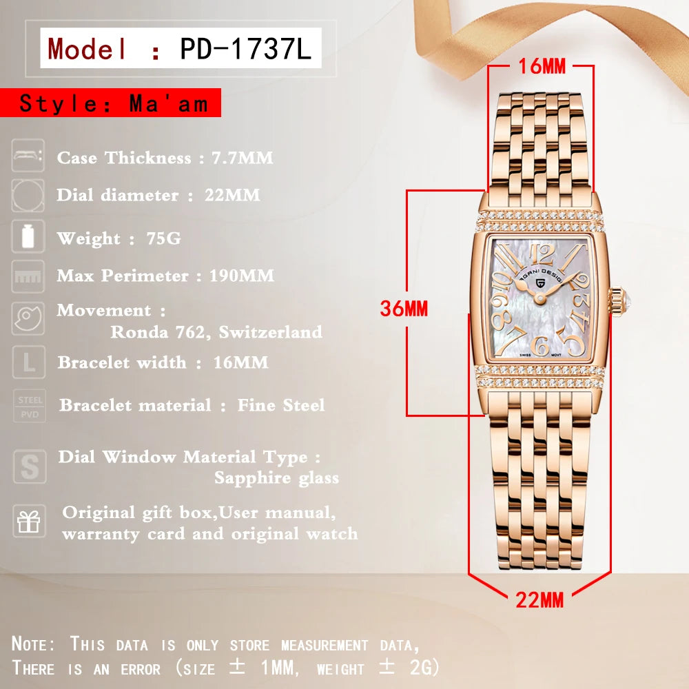 Pagani Design New 22mm Square Women's Quartz Watch Stainless Steel Sapphire Glass 50m Waterproof Women's Quartz Watch