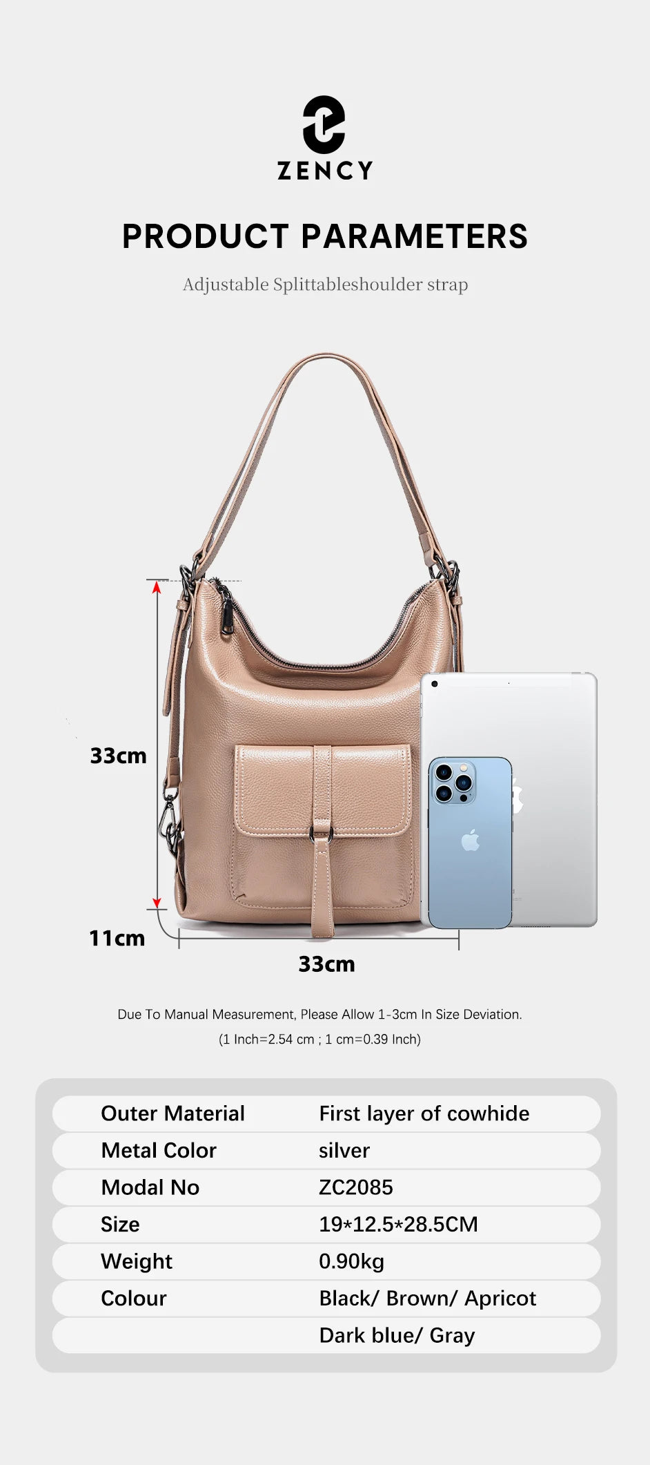 Zency Fashion Women Shoulder Bag 100% Genuine Leather Large Capacity Handbag Multifunction Use Satchel Crossbody Messenger Purse