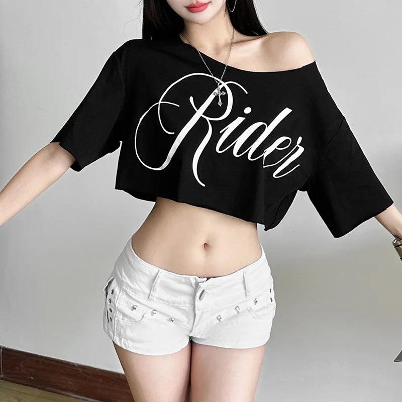 KSylCue Letter Print Off-Shoulder Crop Top