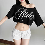 KSylCue Letter Print Off-Shoulder Crop Top
