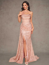 Rose Gold Sequin Strapless Mermaid Evening Gown