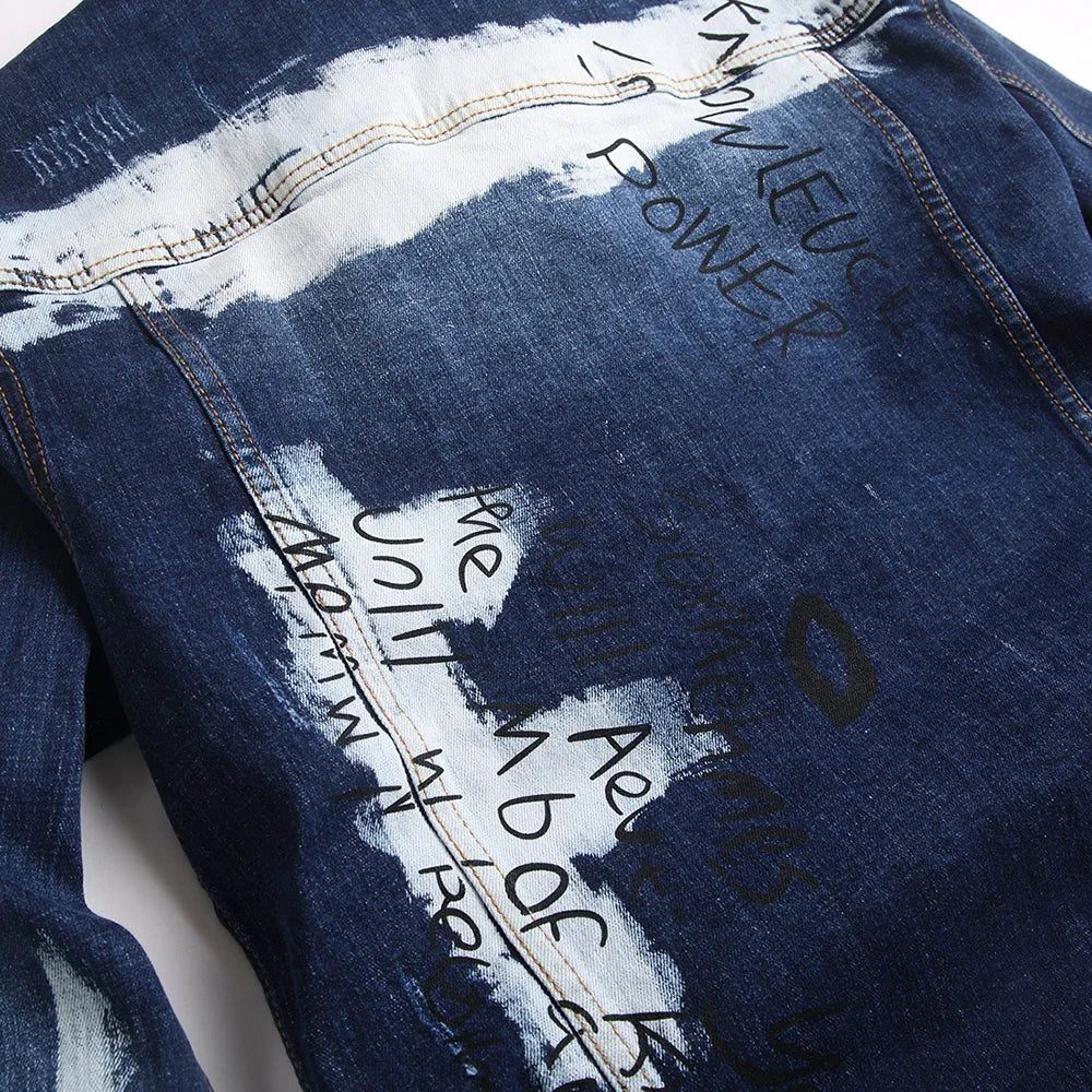Men Graffiti Denim Jacket Casual Letters Printed Stretch Blue Jean Coat Slim Fit Lapel Collar Long Sleeve Outerwear