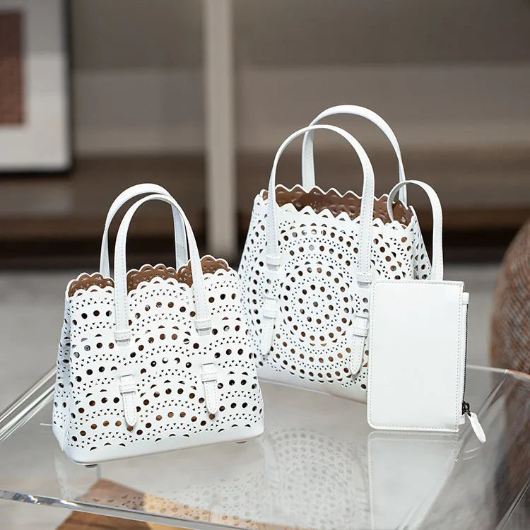 New Tote Bag French Cowhide Handmade Bag Niche Laser Engraved Hollow Leather Vegetable Basket Bag Casual Versatile Temperament