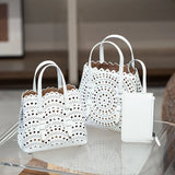 New Tote Bag French Cowhide Handmade Bag Niche Laser Engraved Hollow Leather Vegetable Basket Bag Casual Versatile Temperament