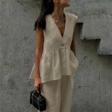 Fashion Women's Trouser Suits Sleeveless V-Neck Top Women Casual Straight Pants Sets Summer Women's Suit Commuter 2 Piece Set