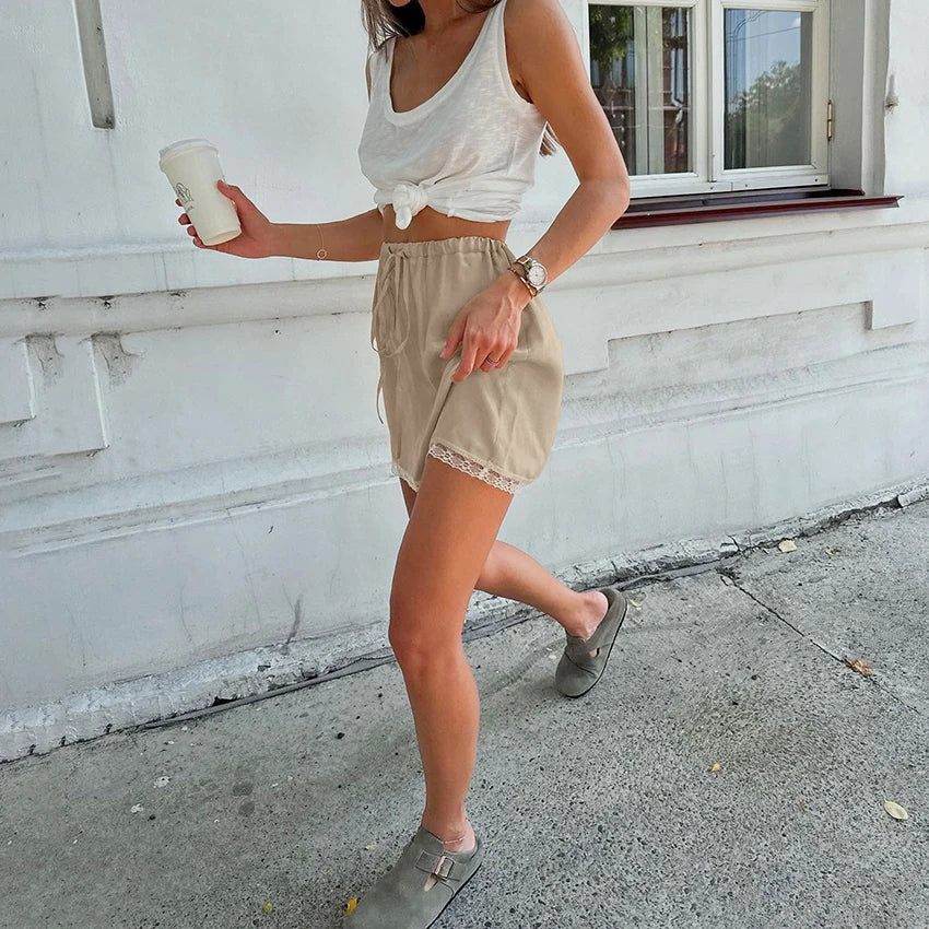 Linad Lace Satin Mini Skirt – Drawstring High Waist