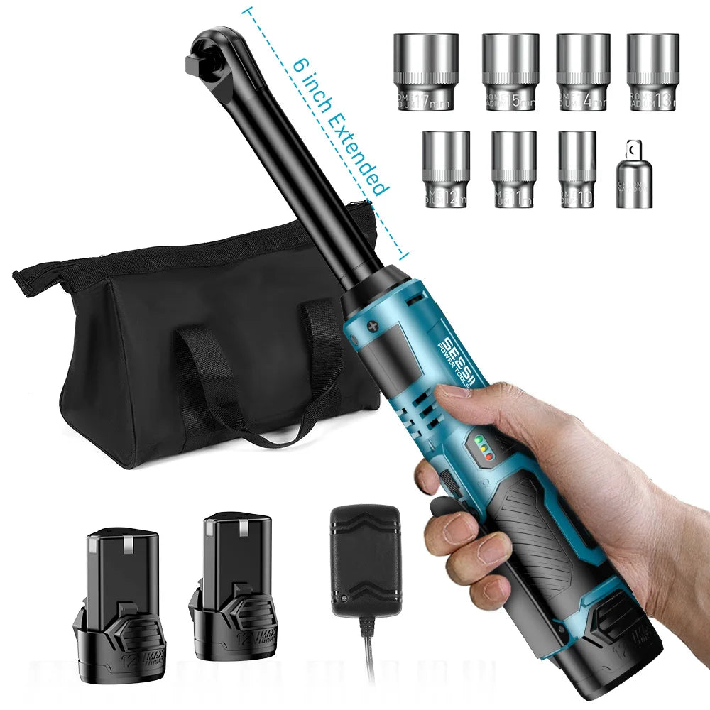 SEESII 6" Extended Ratchet Wrench 3/8"Cordless Electric Wrench 55Nm 12V Rechargeable Angle Wrench Car Repair Tools w/2 Batteries