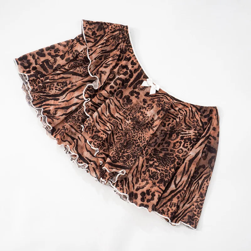 Leopard Print Skinny 2-Piece Set | Mesh Sleeve Crop Top & Ruched Skirt