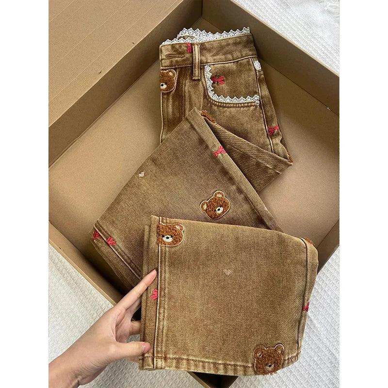 Lace Teddy Bear Patchwork Wide-Leg Jeans