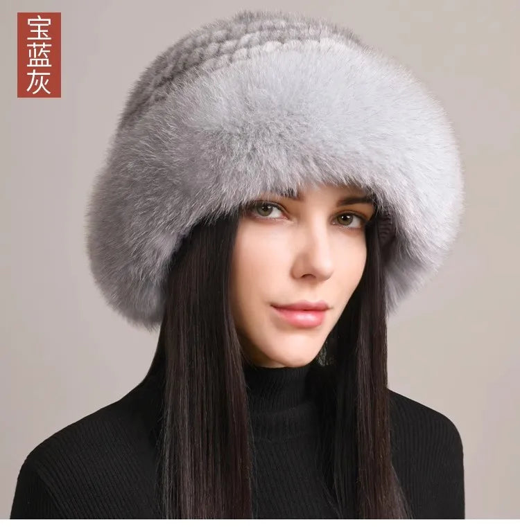 Genuine Knitted Mink Fur Hat with Fox Fur Brim