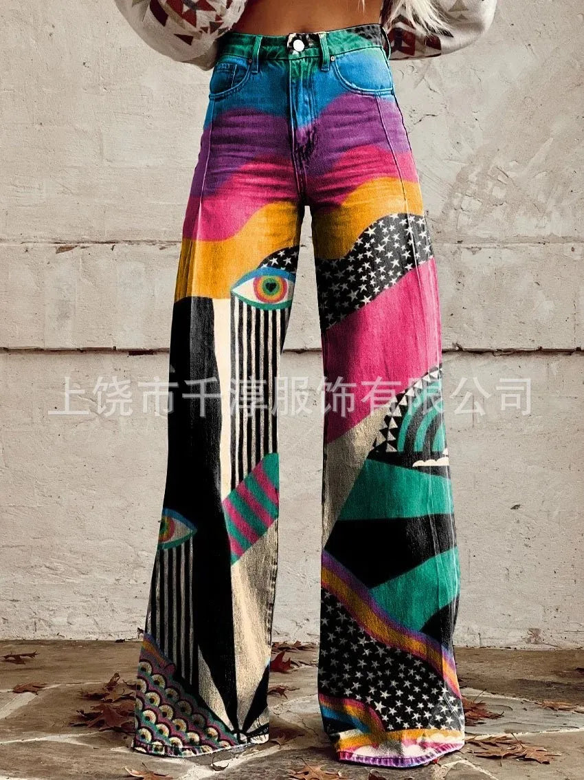 Women's 3D Print Wide-Leg "Jeans" – Trendy Low-Waist Flare Pants