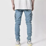 Men Street Elastic Denim Jeans Wash Solid Color Multi Pockets Cargo Pants Casual Slim Fit Daily Wear Joggers Mid Waist Trousers
