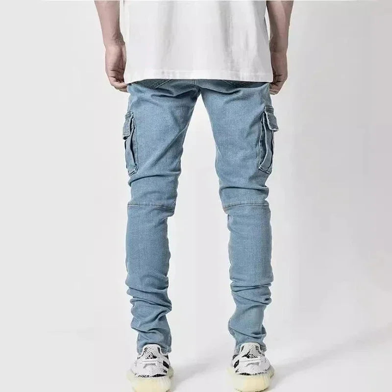 Men Street Elastic Denim Jeans Wash Solid Color Multi Pockets Cargo Pants Casual Slim Fit Daily Wear Joggers Mid Waist Trousers
