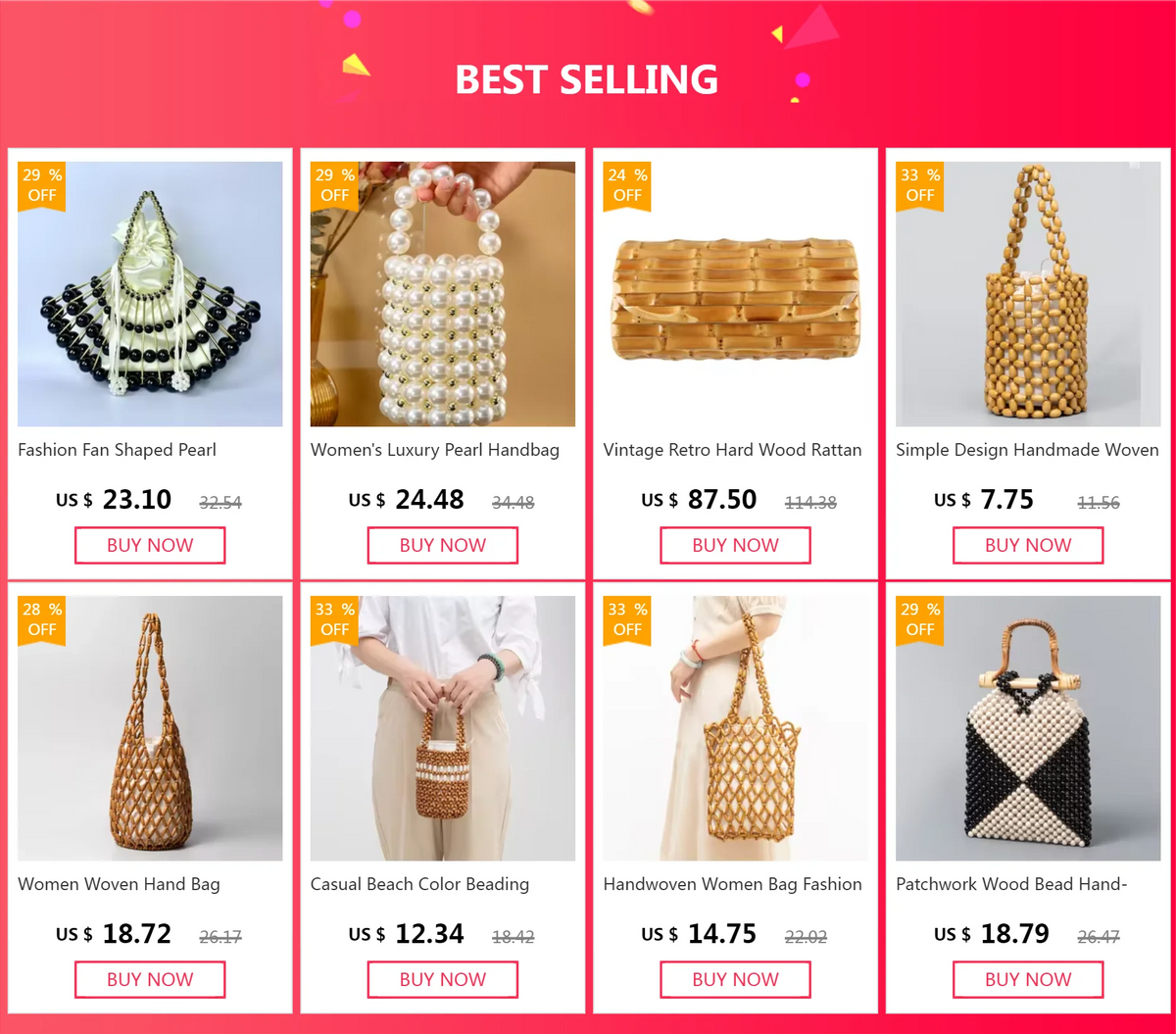 Women Woven Hand Bag Summer Design Hollow-out Wooden Bead Tote Bucket Shoulder Bag Female Reticulate Netted Canvas Beach Handbag