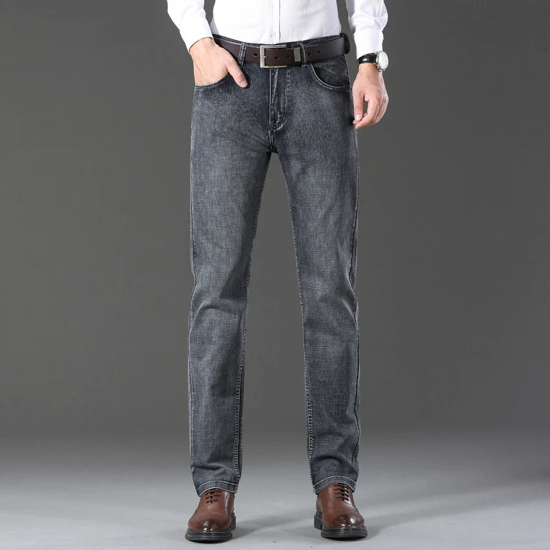 Autumn Winter Men's Jeans Classic Retro Grey Denim Pants Man Work Slim Straight Stretch Cotton Trousers Streetwear Plus Size 40