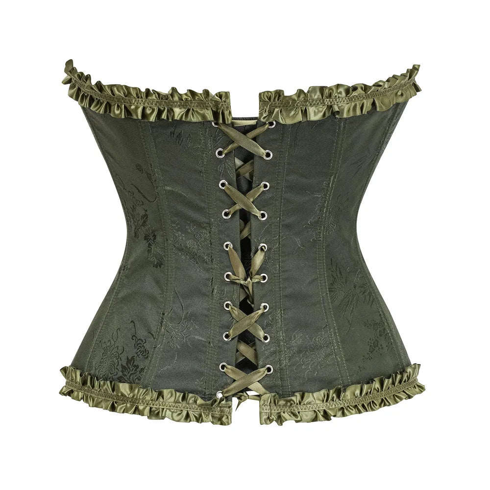 USA-Made Jacquard Ruffled Overbust Corset – Gothic Victorian Push-Up Bustier