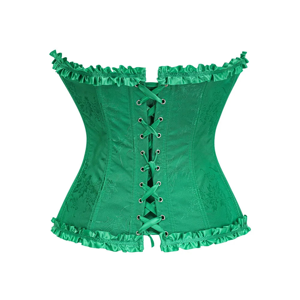 USA-Made Jacquard Ruffled Overbust Corset – Gothic Victorian Push-Up Bustier