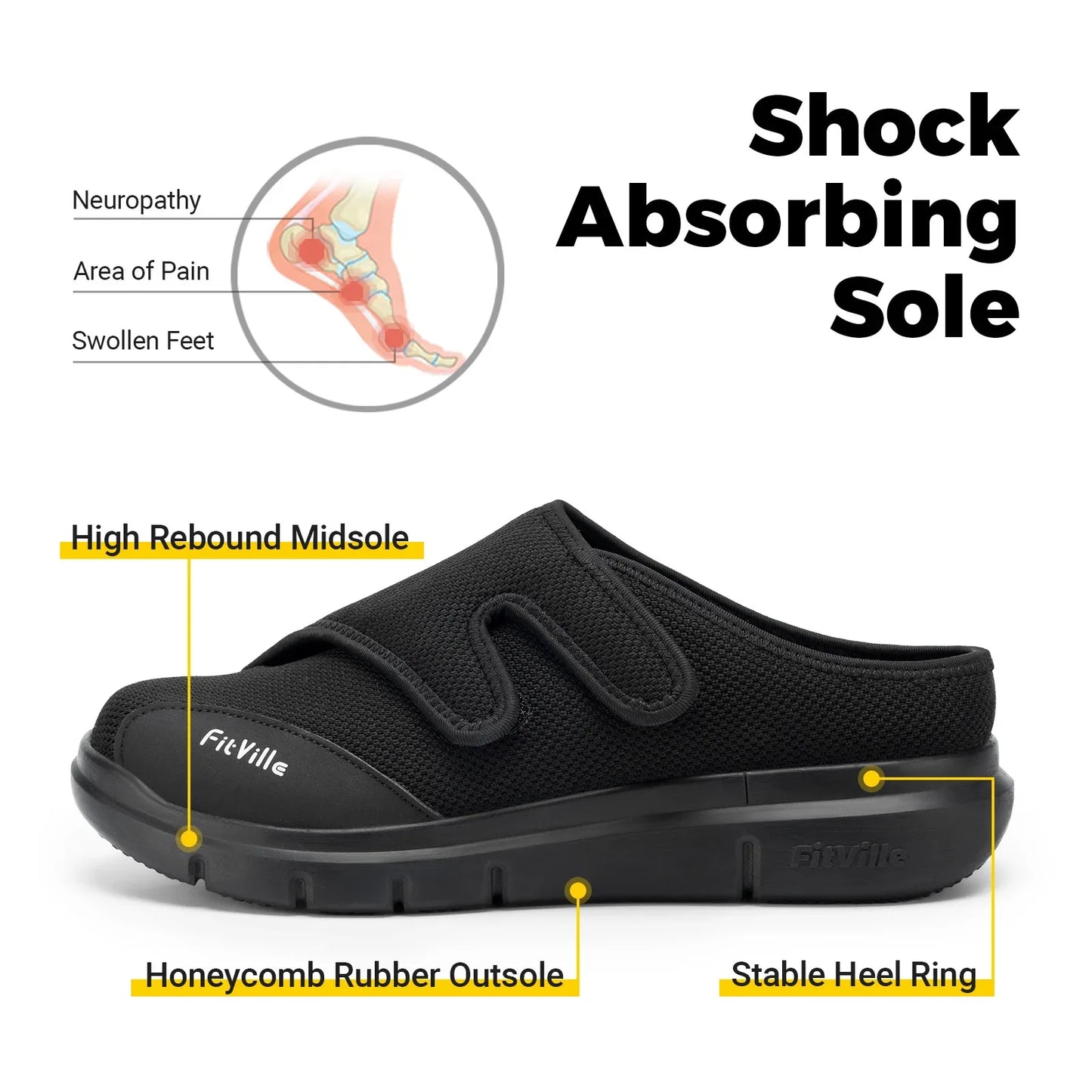 FitVille Men'S Half Slippers Diabetic Shoes Extra Wide 4E Adjustable Lightweight Casual Shoe For Swollen Feet Plantar Fasciitis