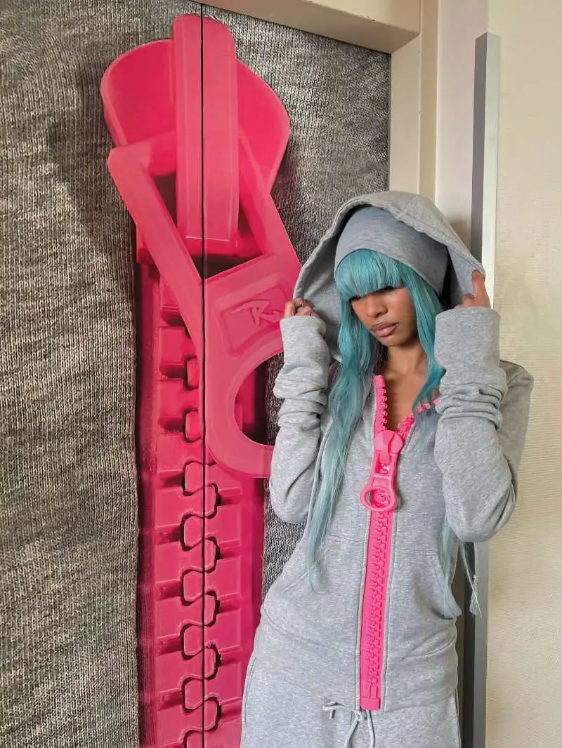 New Y2K American-style women's solid color large zipper loose cropped color-block hoodie fashionable street Harajuku style