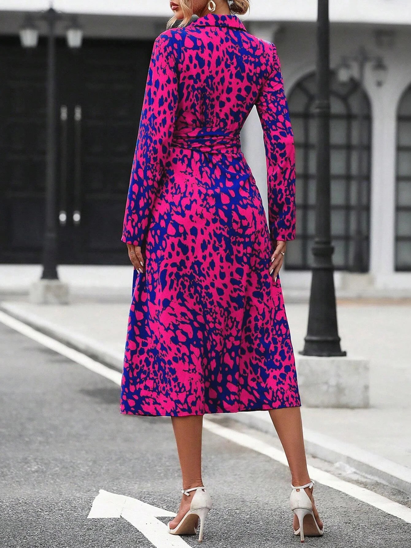 Elegant Print Belted Midi Dress