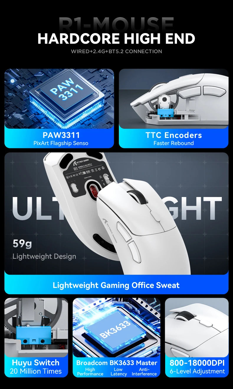 Attack Shark R1 X11 Wireless Gaming Mouse, 18K DPI PAW3311, Tri-Mode Bluetooth/2.4GHz/Wired, Lightweight, Macro Gaming Mouse