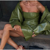 Vintage Green Leather Skirt Sets Women Fashion Solid Strapless Short Skirts Zipper Jacket Outfits Lady Daily Highstreet Outfits