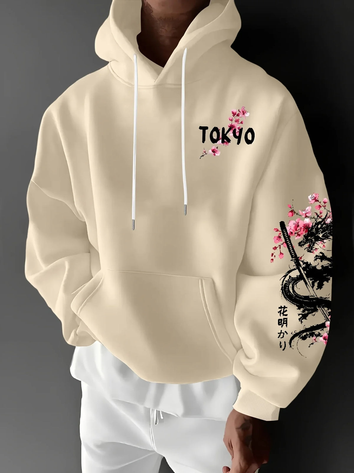 Men's Dragon & Cherry Blossom Print Hoodie