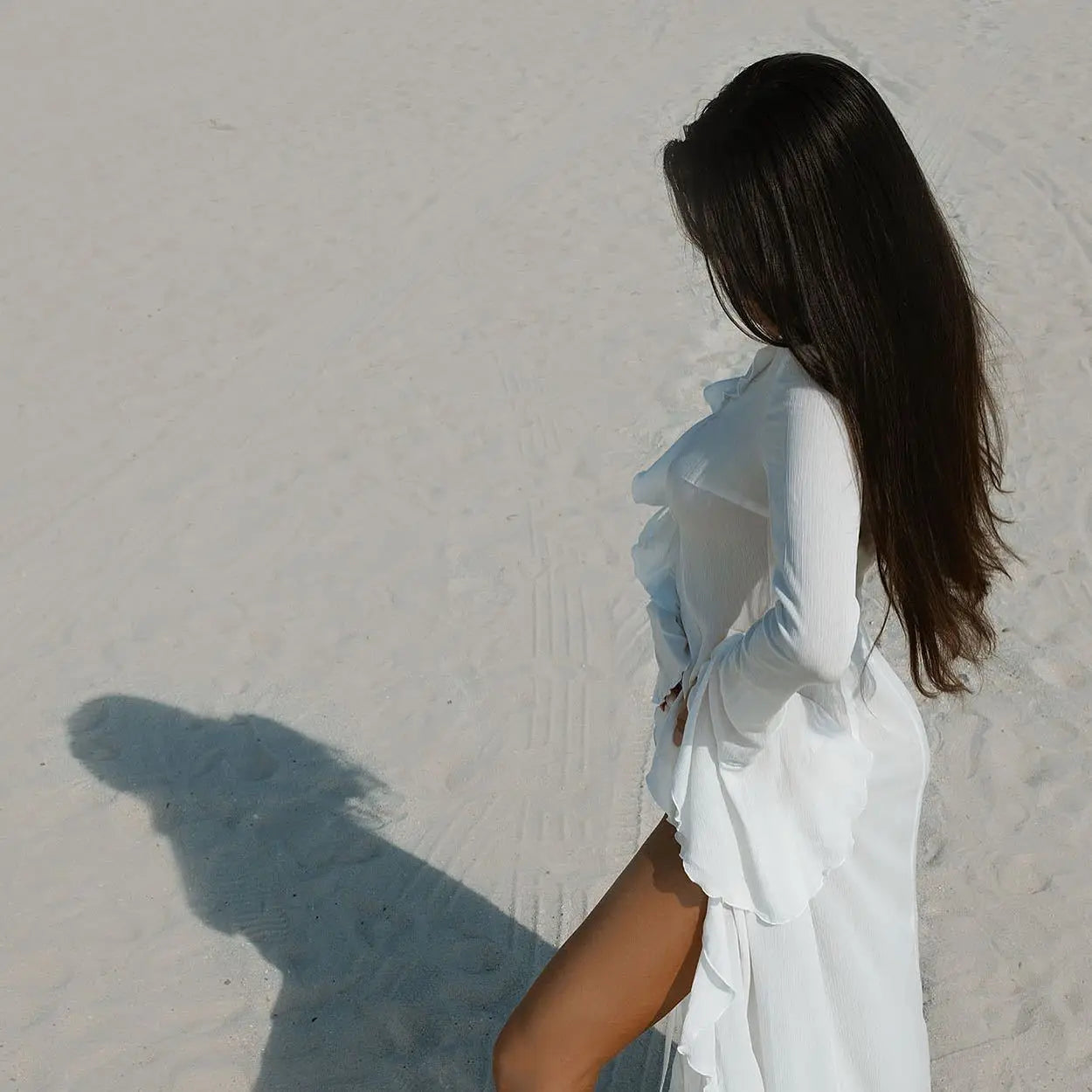 Womens V-Neck Ruffled Chiffon Beach Tunic - Long Sleeve Sunscreen Cover-Up Dress
