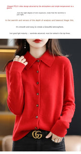 Polo Collar Spun Wool Cardigan – Elegant Single-Breasted Knit Jacket