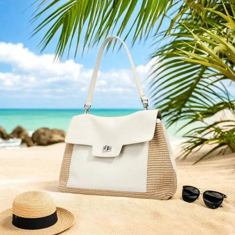 Summer 2026 Women's Raffia Woven Tote Bag Split Leather Crossbody Straw Messenger Bag Grass Weaving Shoulder Bag for Ladies New