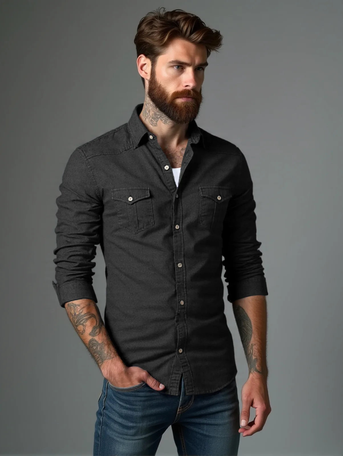 RVHS Elastic Cotton Denim Shirt Men Long Sleeve Quality Cowboy Shirts for Men Casual Slim Fit Mens Designer Clothing