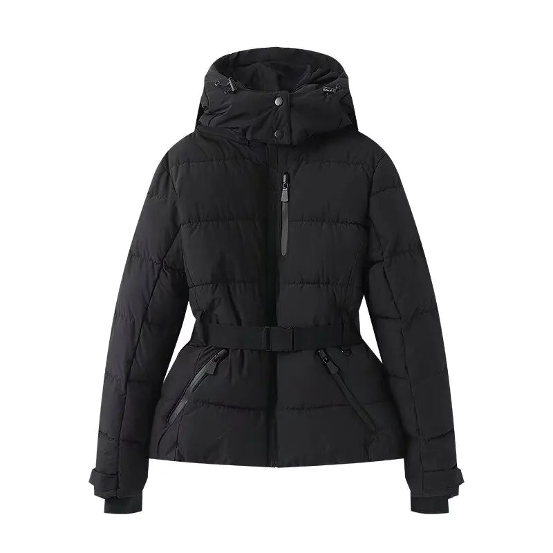 Women's Hooded Winter Parka – Insulated Mid-Waist Jacket with Adjustable Belt