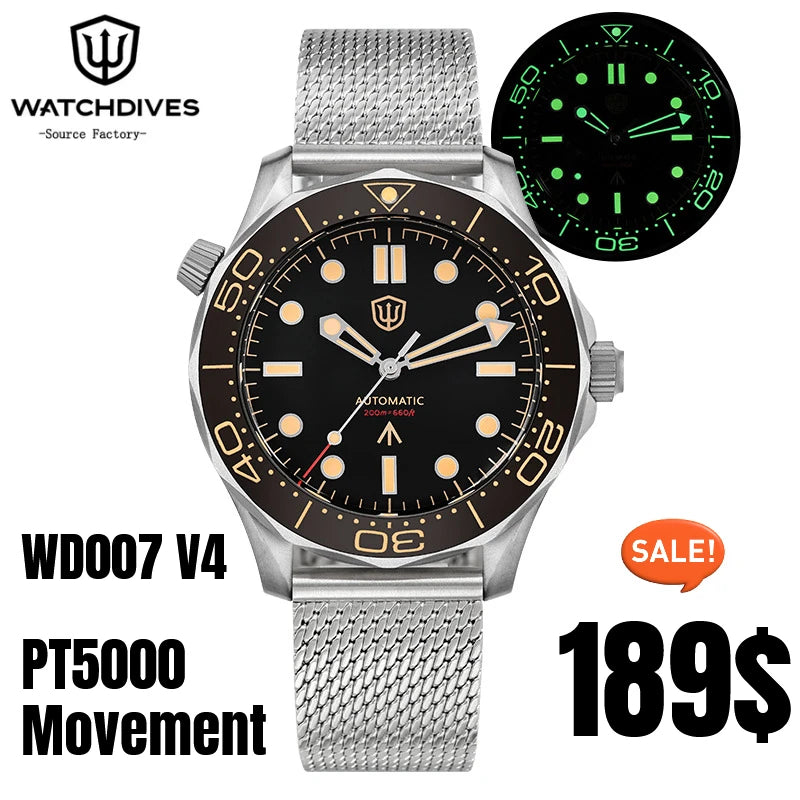 Watchdives WD007 V4 42mm Watch PT5000 Automatic Movement Titanium NTTD Wristwatch Domed Sapphire Crystal C3 Super Luminous Watch