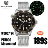 Watchdives WD007 V4 42mm Watch PT5000 Automatic Movement Titanium NTTD Wristwatch Domed Sapphire Crystal C3 Super Luminous Watch