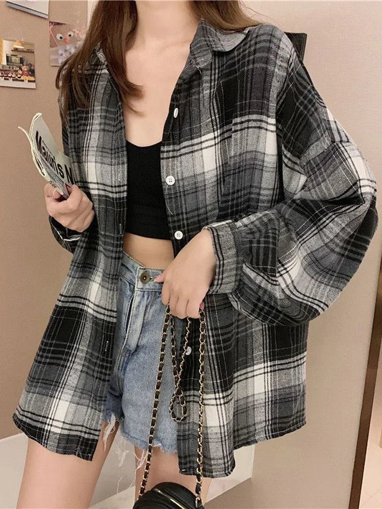 Vintage Plaid Long-Sleeve Blouse