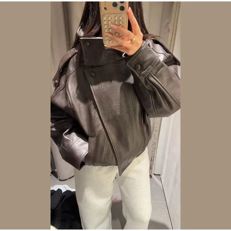 2026 Autumn Women's Faux Leather Jacket Brown Black Long Sleeve Stand Collar Thick Loose Lady Coat Fashion Motorcycle Streetwear