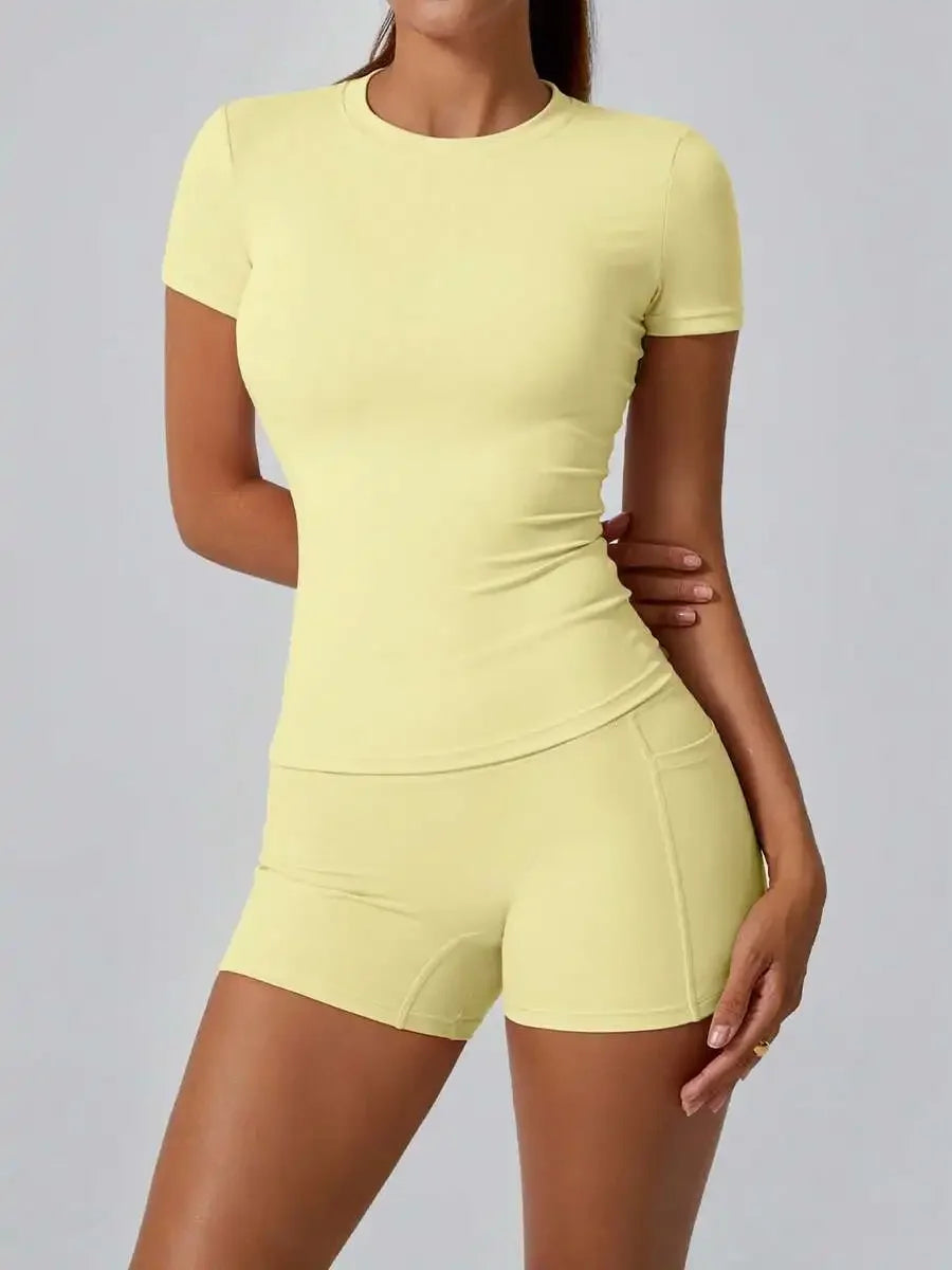 Women's Sculpting Sports Short Sleeve & High-Waist Shorts Set