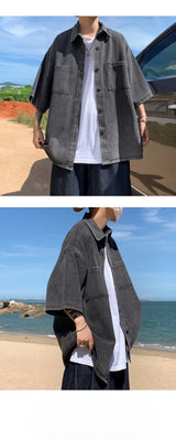 Men's Loose Fit Short Sleeve Denim Shirt Thin Summer Fashion Hong Kong Style Seven Sleeve Outerwear Trendy Casual Shirt