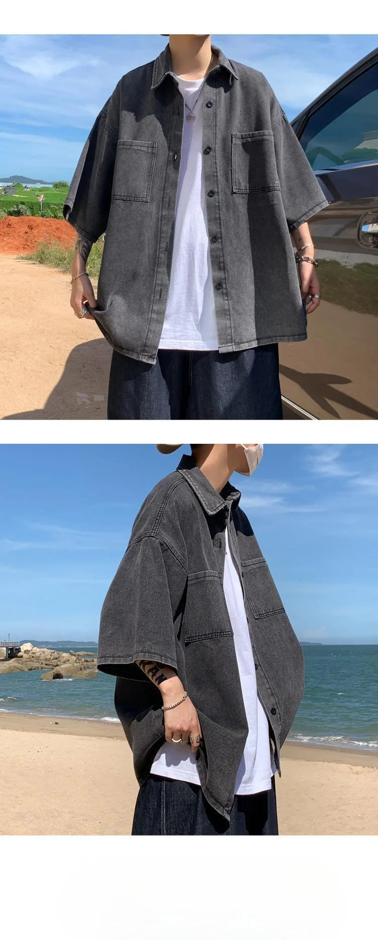 Men's Loose Fit Short Sleeve Denim Shirt Thin Summer Fashion Hong Kong Style Seven Sleeve Outerwear Trendy Casual Shirt