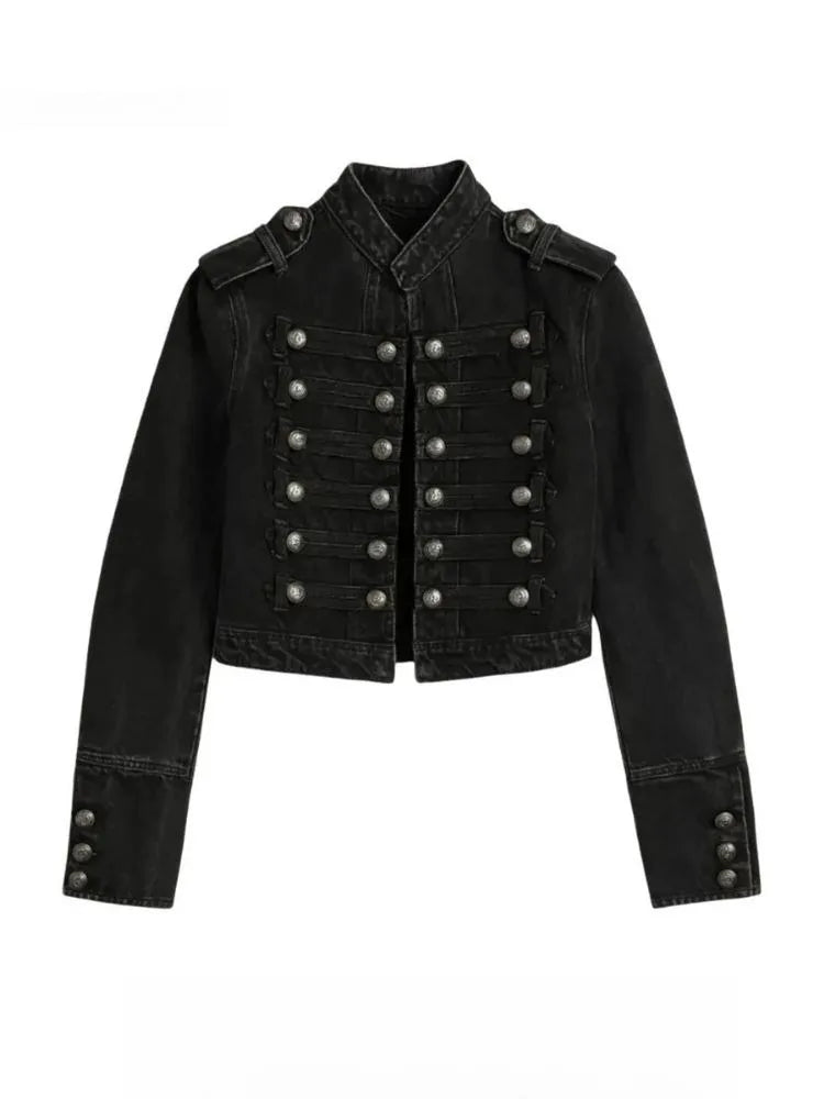 Y2K Retro Hussars Jacket Stand Collar Double Breasted Button Cropped Jacket Napoleon Old Money BLK Denim Jacket Women Boxy Coat
