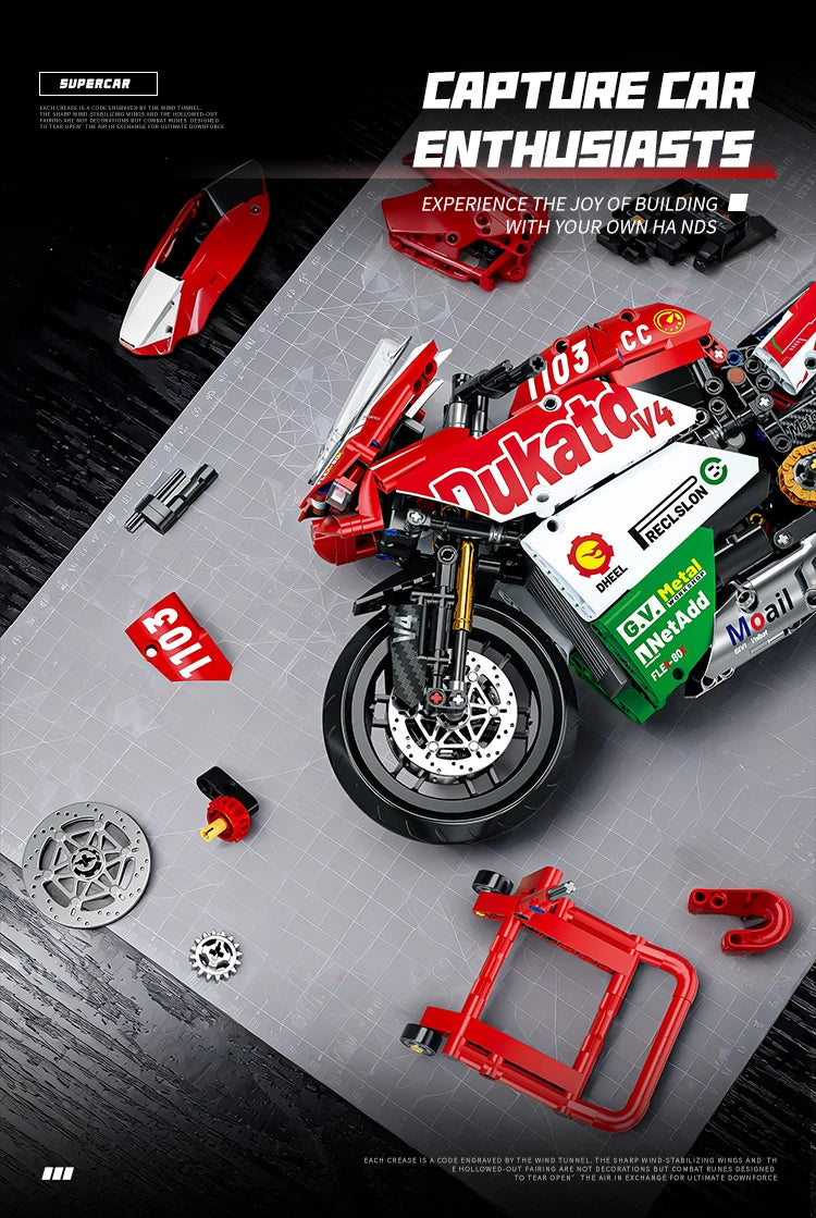 Technology motorcycle building block set, V4 super motorcycle model set, technology racing, STEM assembly toy gift for boys and